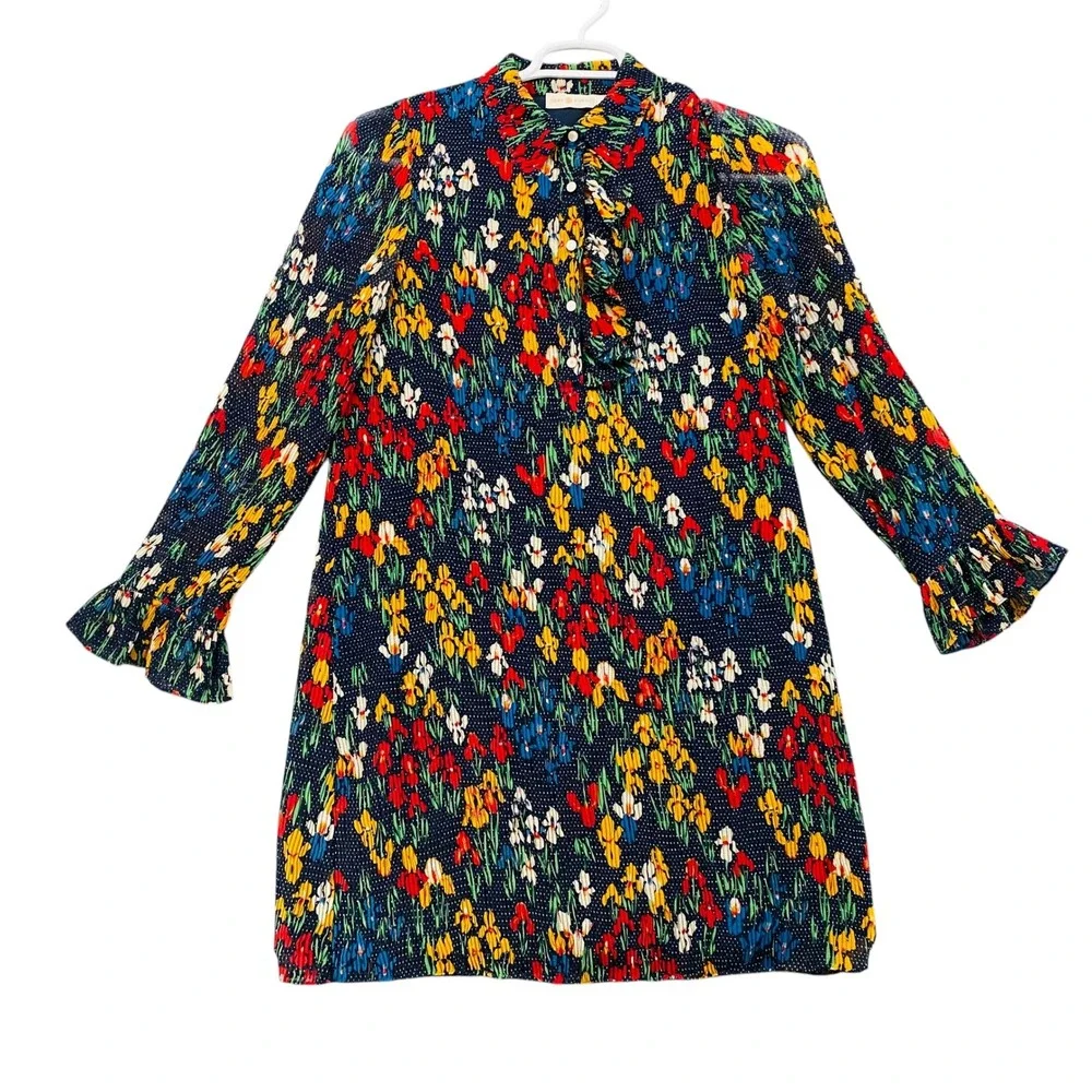 Tory Burch Navy Blue Floral Pleated Ruffle Button Front Shift Mini‎ Dress 6